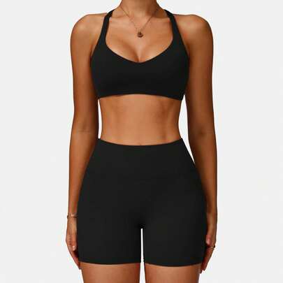 Solid Color Women's Yoga Set - Tight Hollow Out Back Sports Bra & Shorts | Quick Dry For Running Fitness Gym | Cute Slim Fit Fashion Activewear