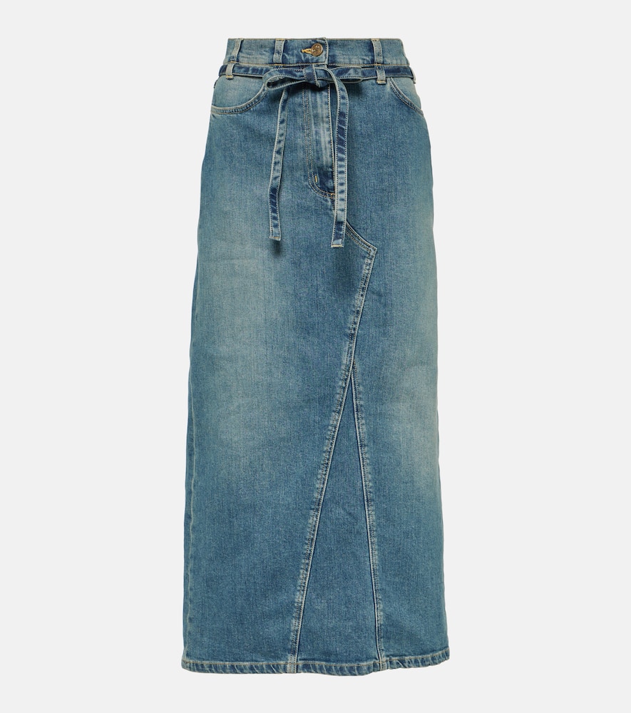 High-rise denim midi skirt