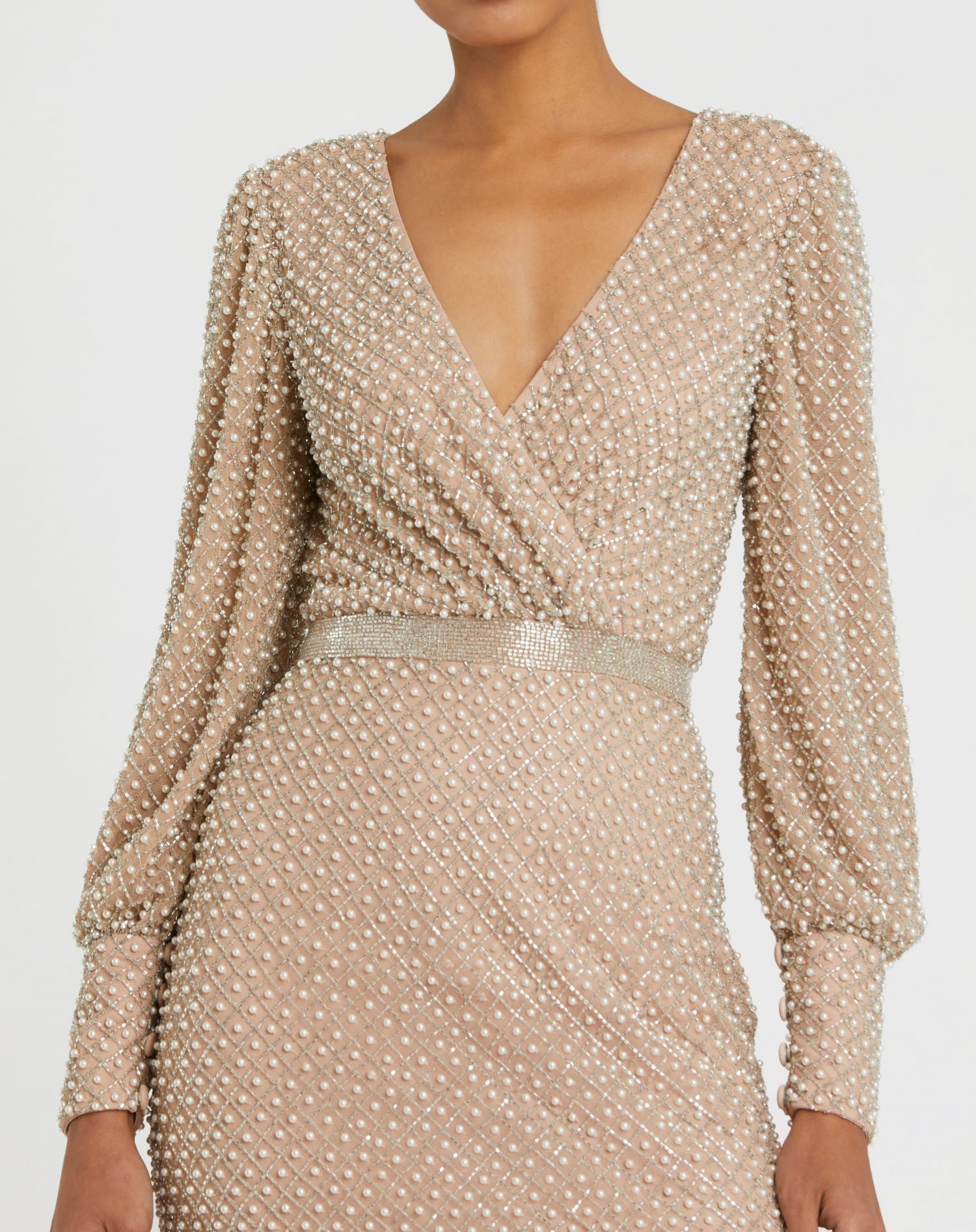 Wrap Over Bishop Sleeve Maxi Gown with White Beading Ivory Sand