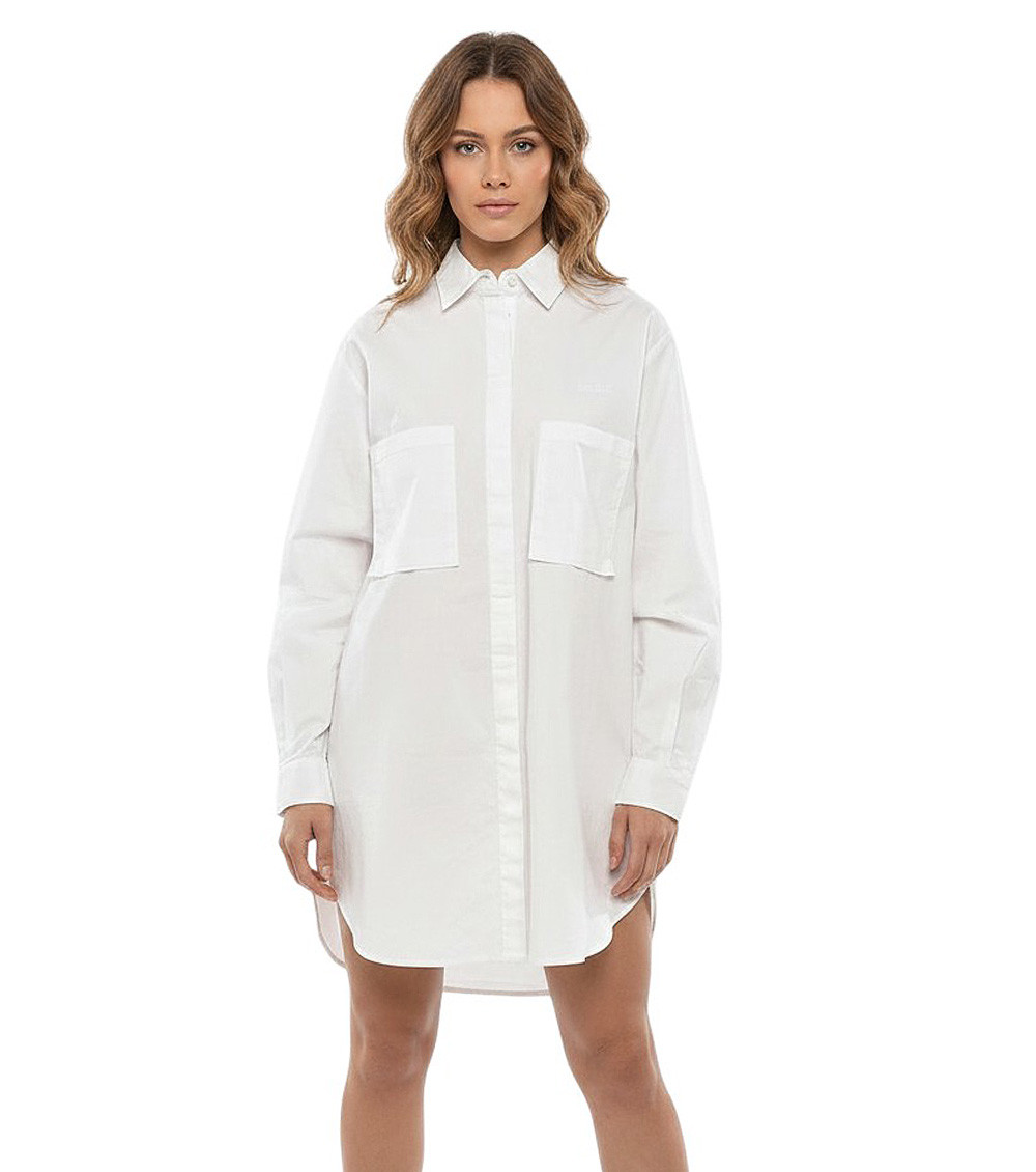 White Solid Shirt Collar Mini Dress