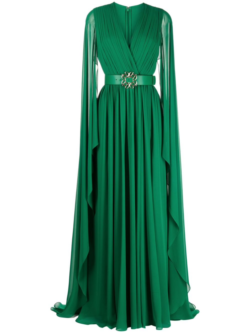 Long-sleeve draped silk gown - Green
