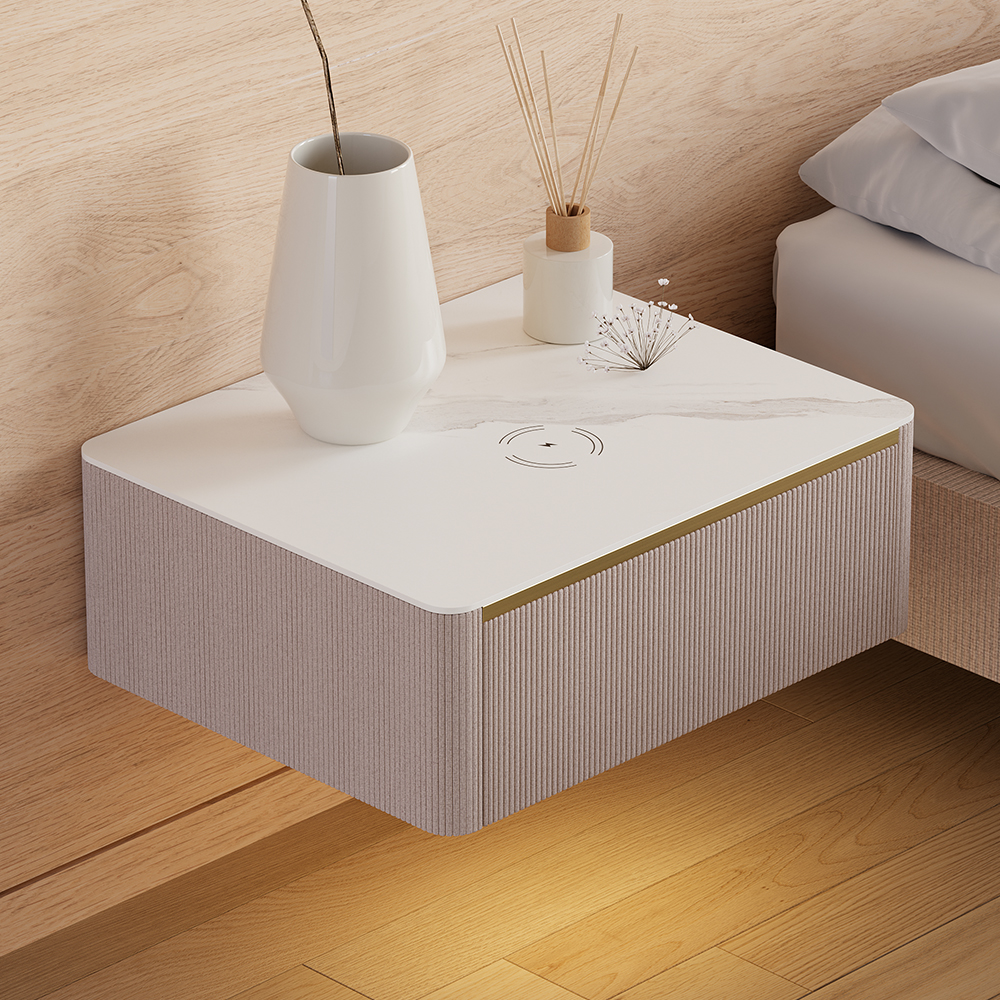 Modern Black Floating Nightstand 1 Drawer Bedside Table with SinteredÂ Stone Top Set