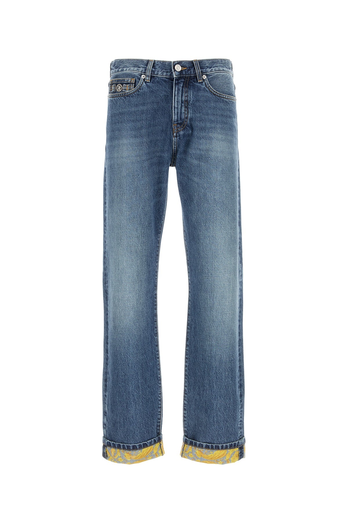 Printed-Cuff Denim Jeans — Blue