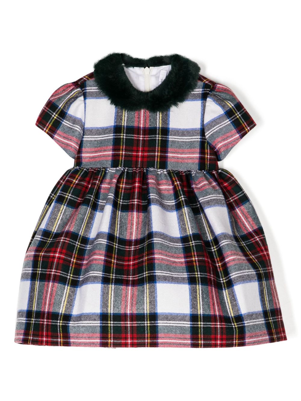 Faux-fur collar check-pattern dress - Multicolour