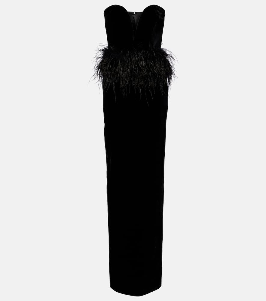 Feather-trimmed strapless velvet gown