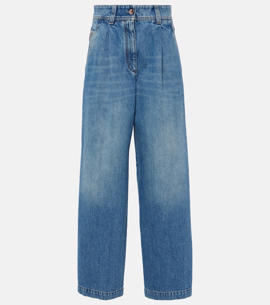 Pleated high-rise wide-leg jeans