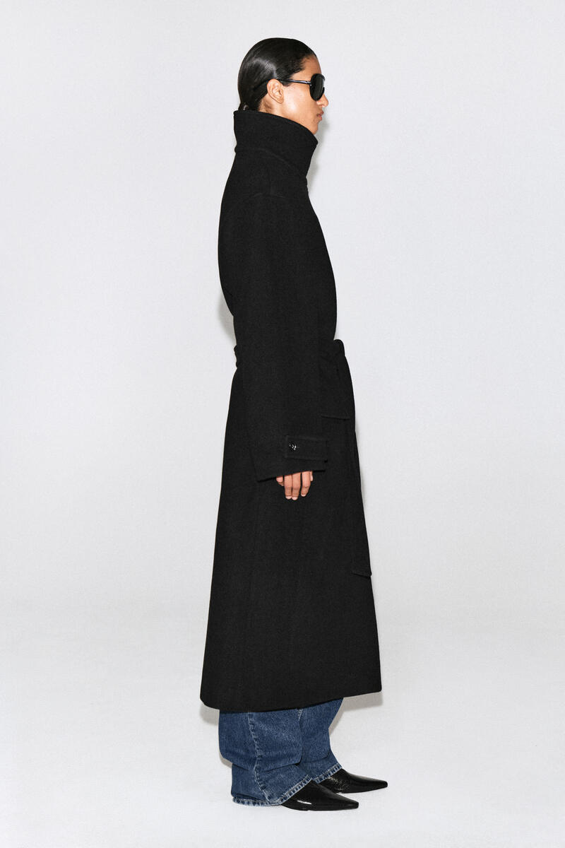 Belted Wool-Blend Mock-Neck Coat