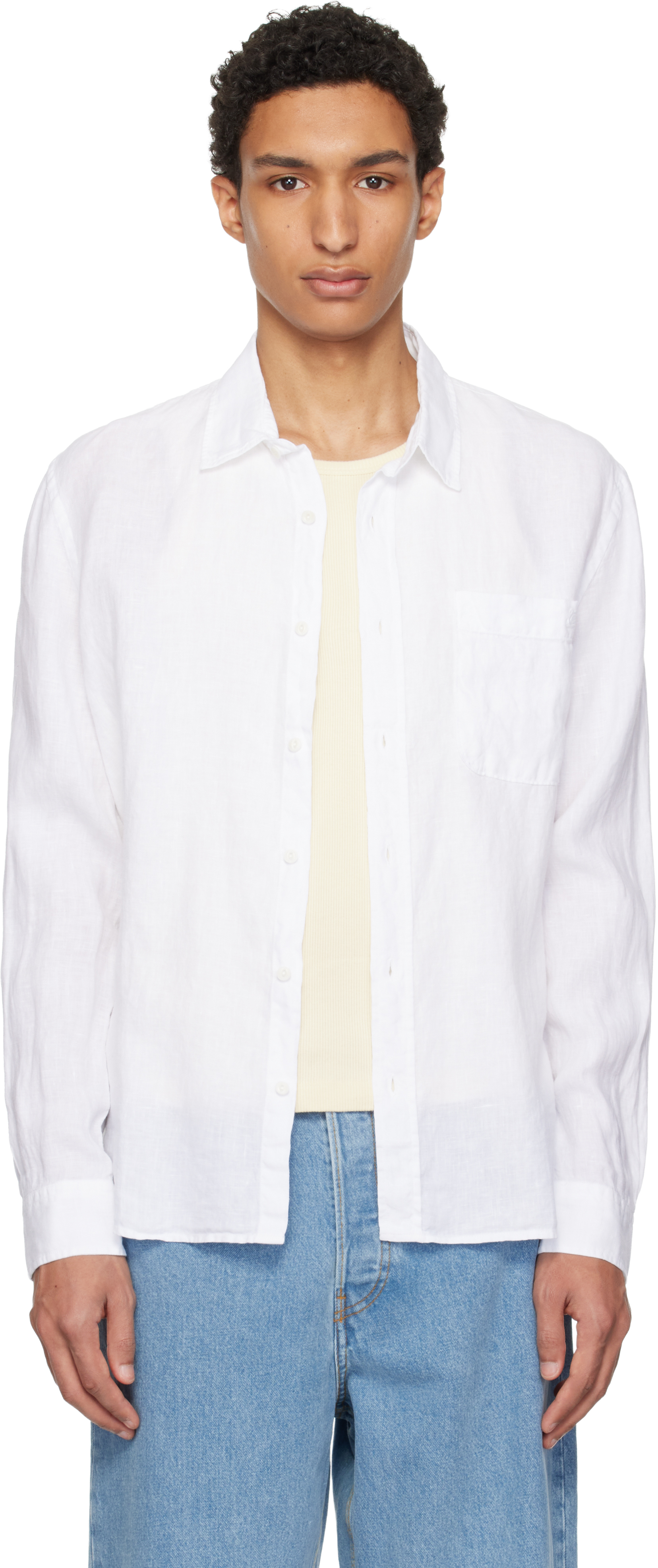 White Relaxed Linen Long Sleeve Shirt