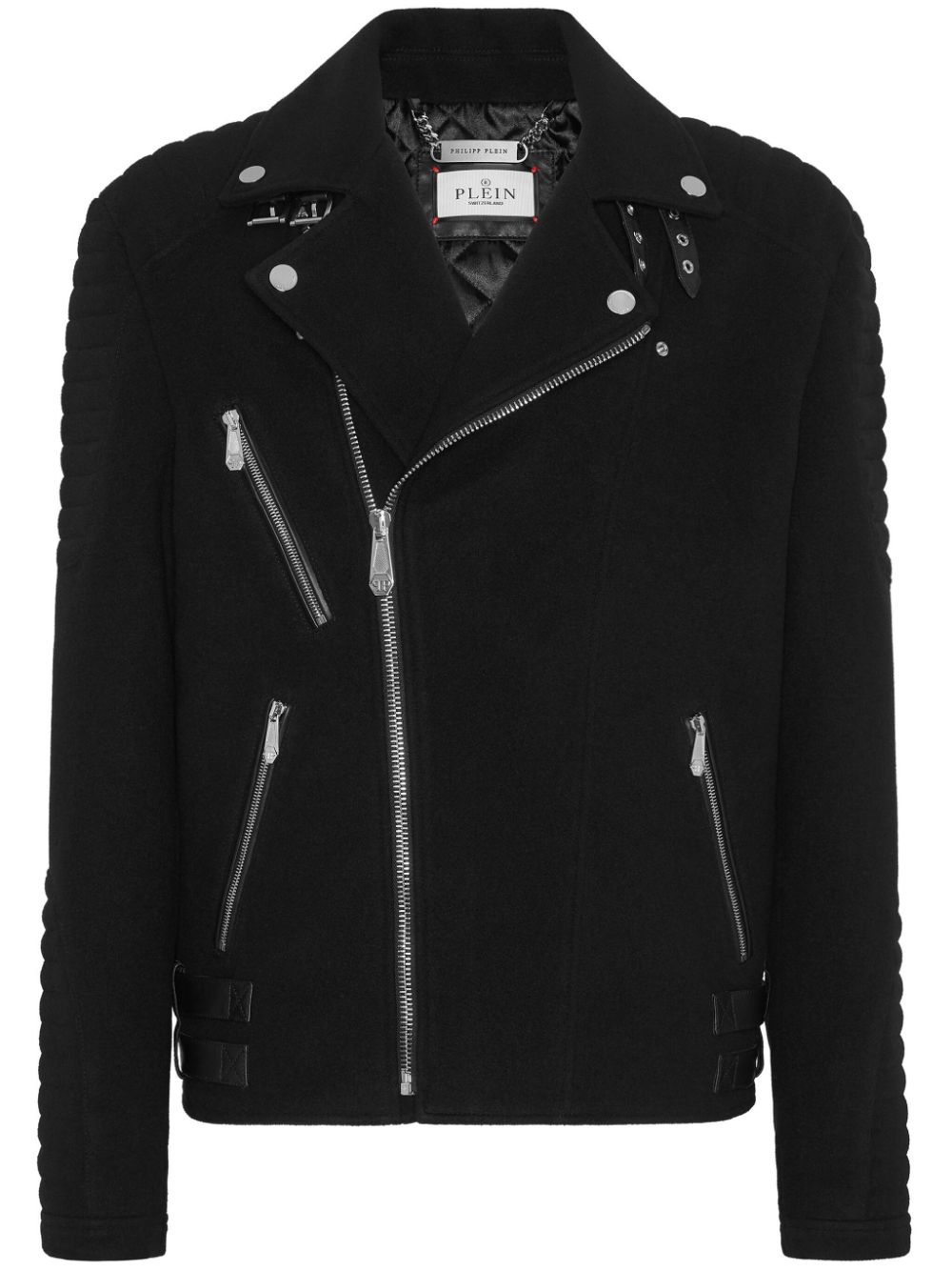 Logo-appliqué padded biker jacket - Black