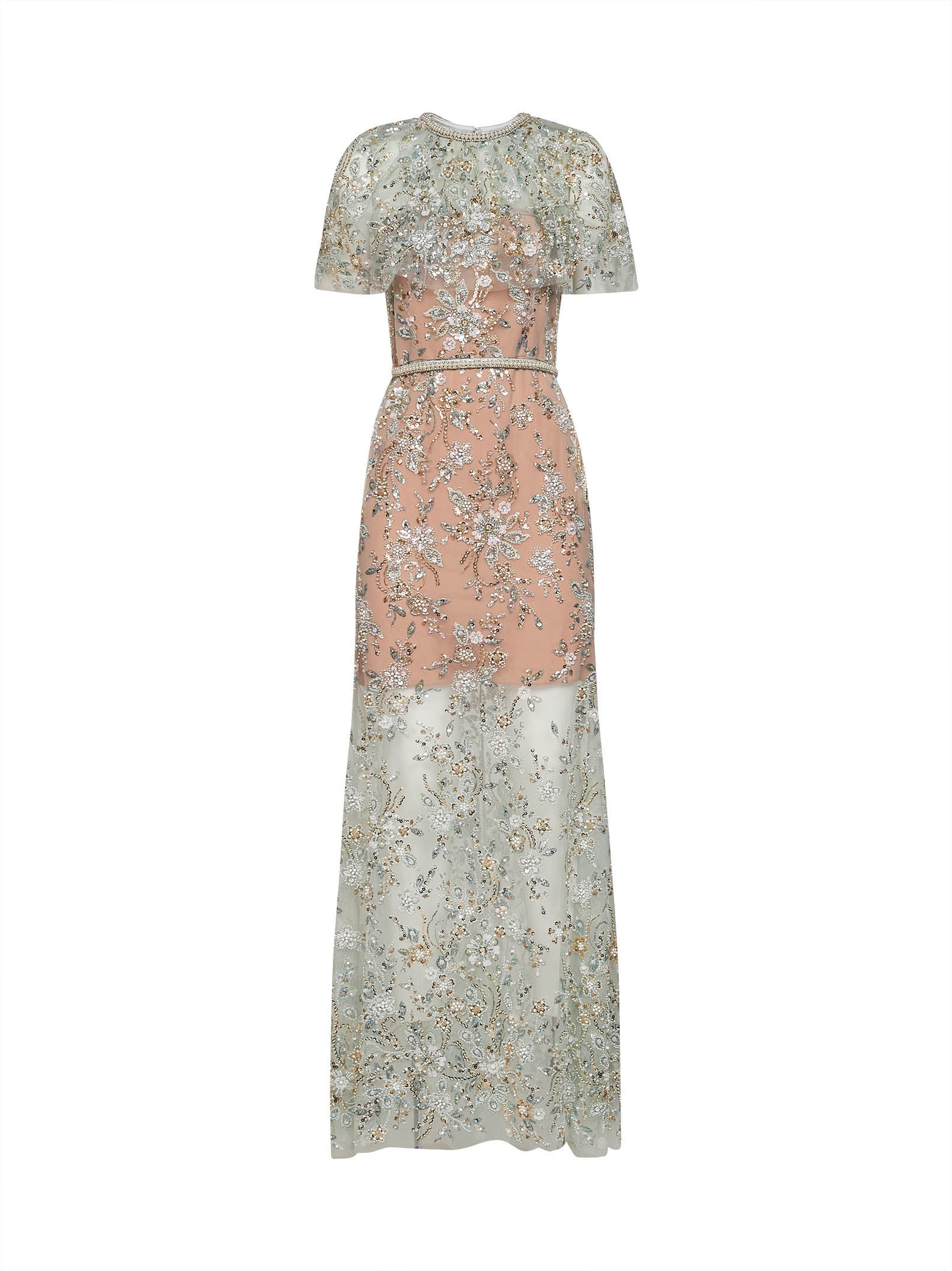 Embroidered Tulle Cape Maxi Dress — Green