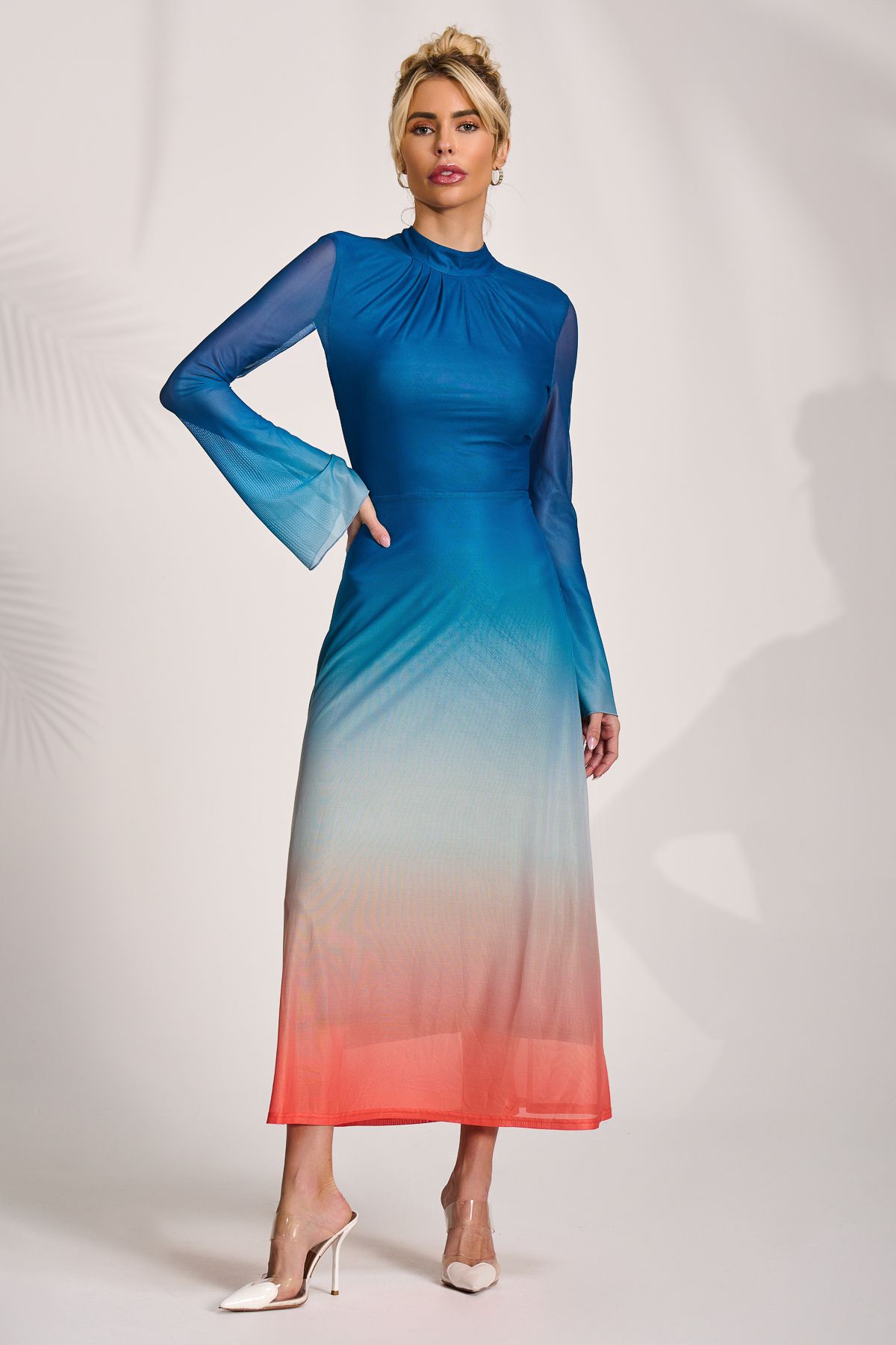 Jolie Moi Women's Long Sleeve High Neck Mesh Dress in Blue