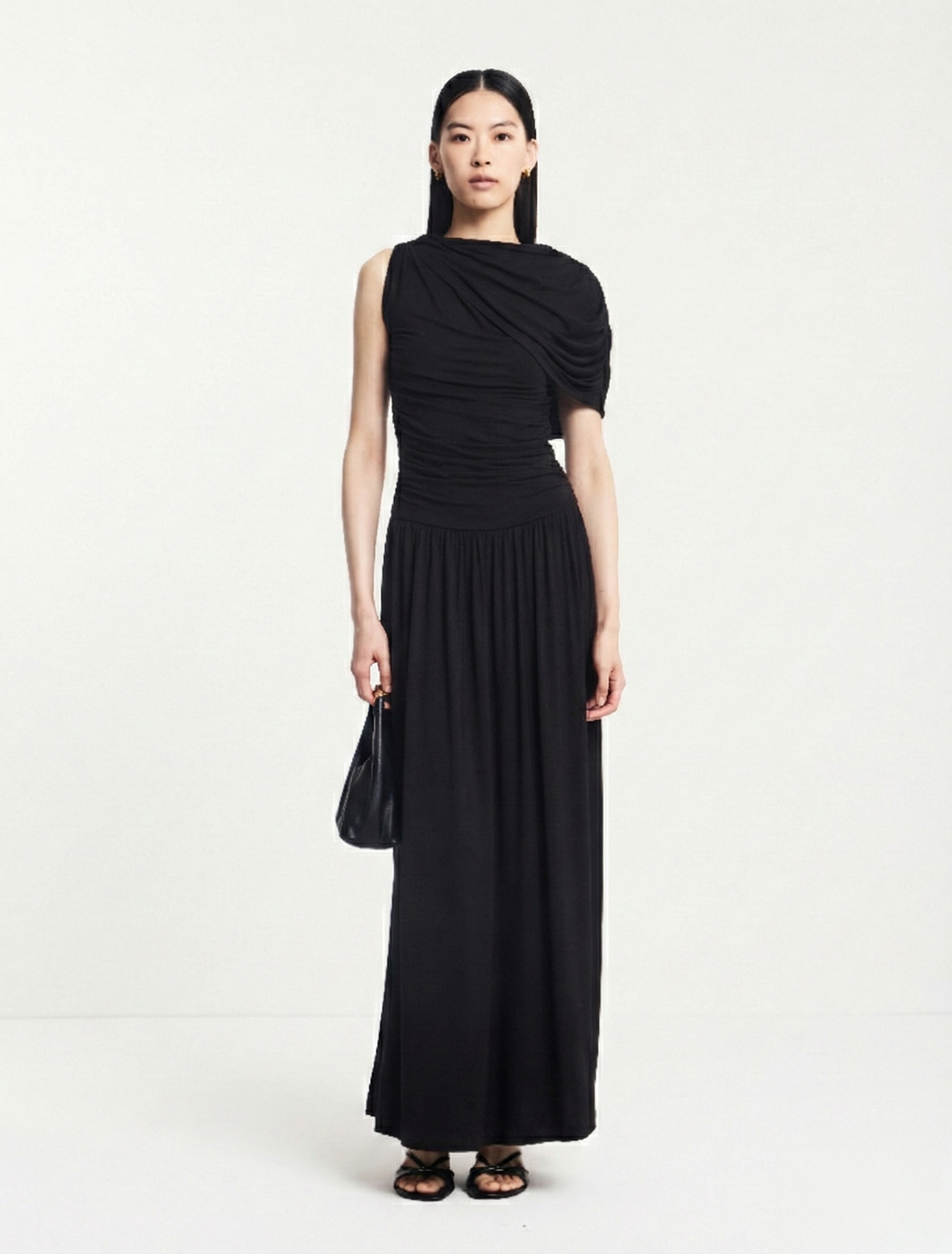 Mila Asym Caped Shoulder Maxi Dress in Black - MicroModal