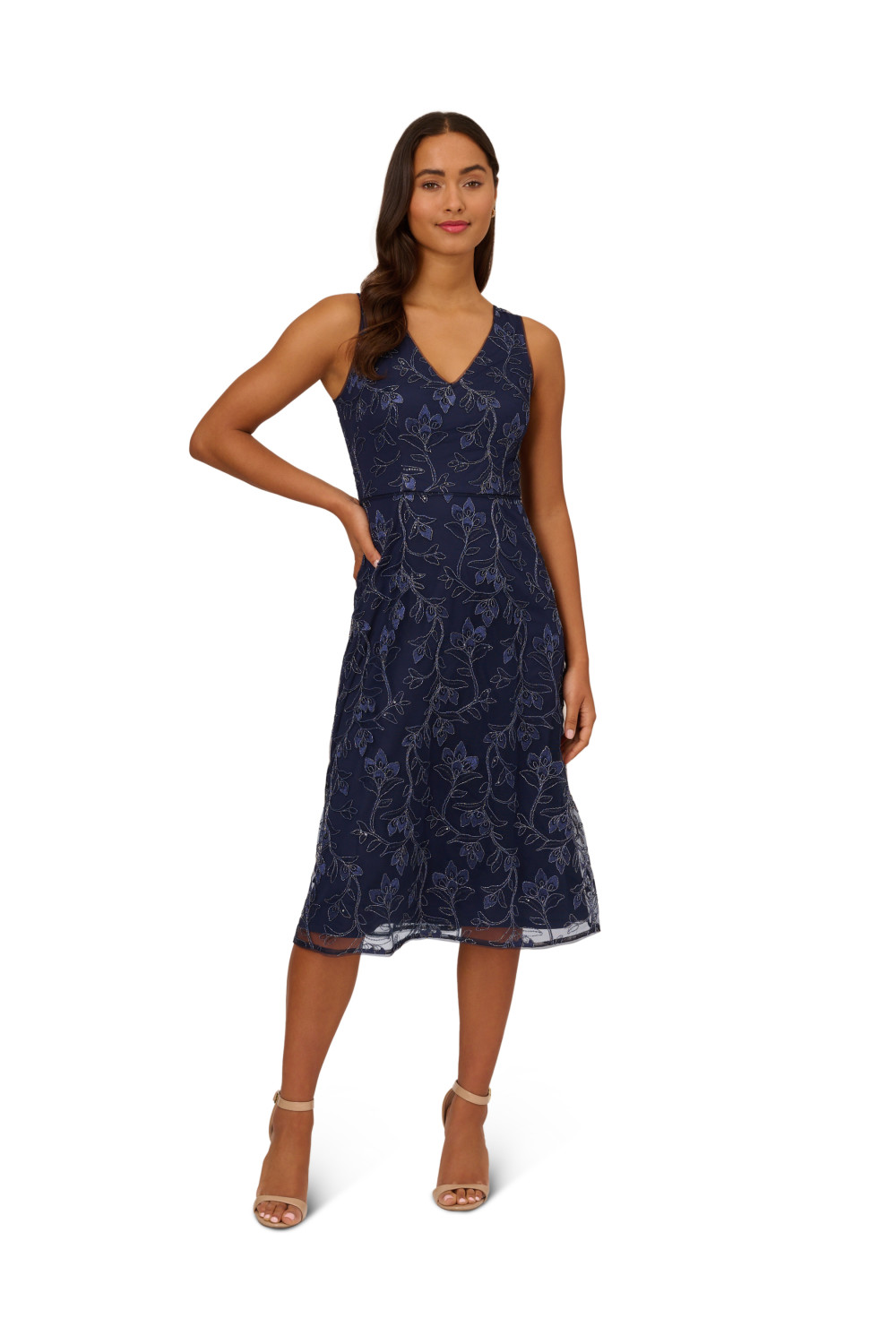 Adrianna Papell Womens Floral Sequin Embroidery Dress in Navy - Size 12 UK