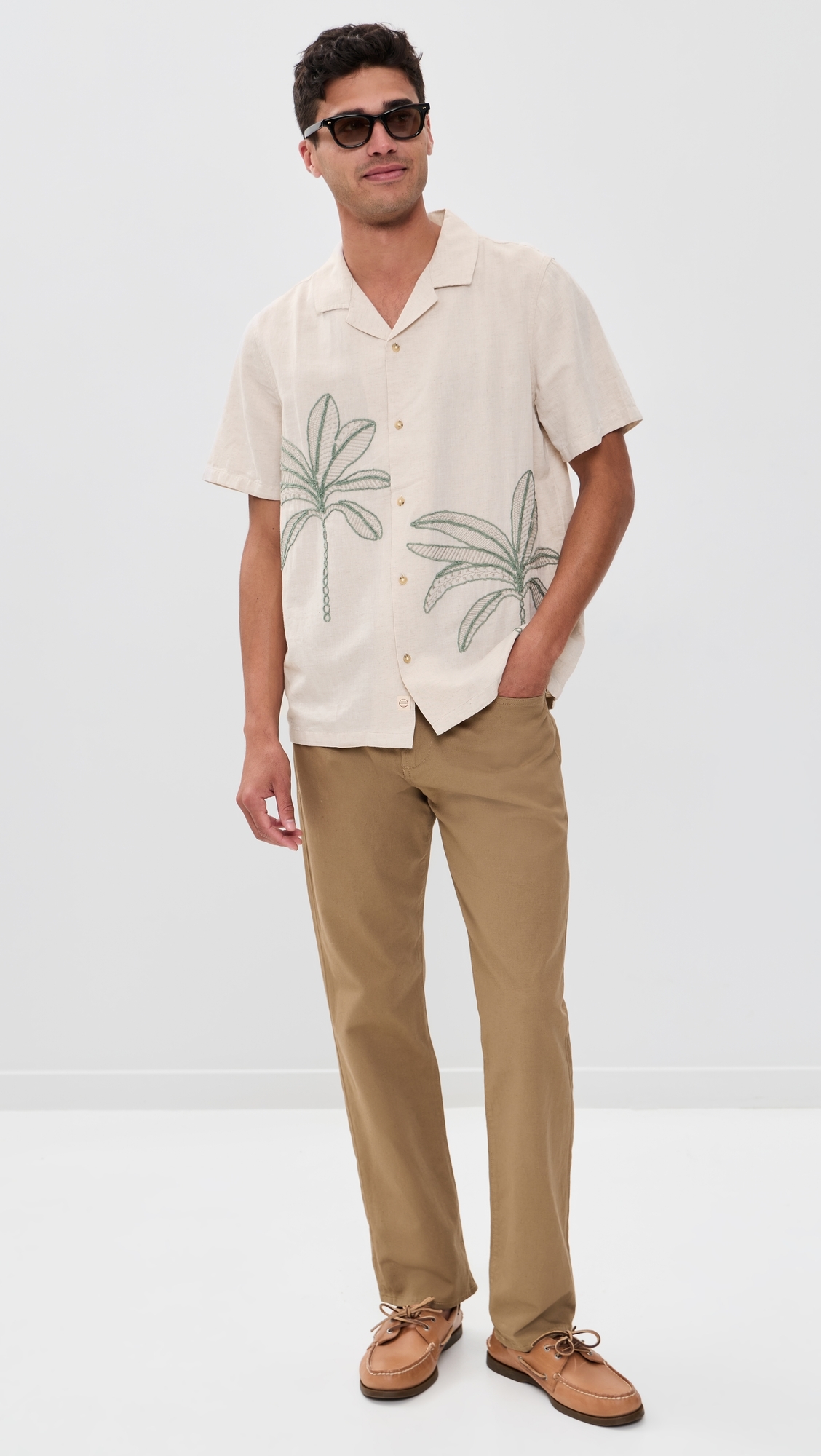 Embroidered Resort Shirt Cream/Green Palm
