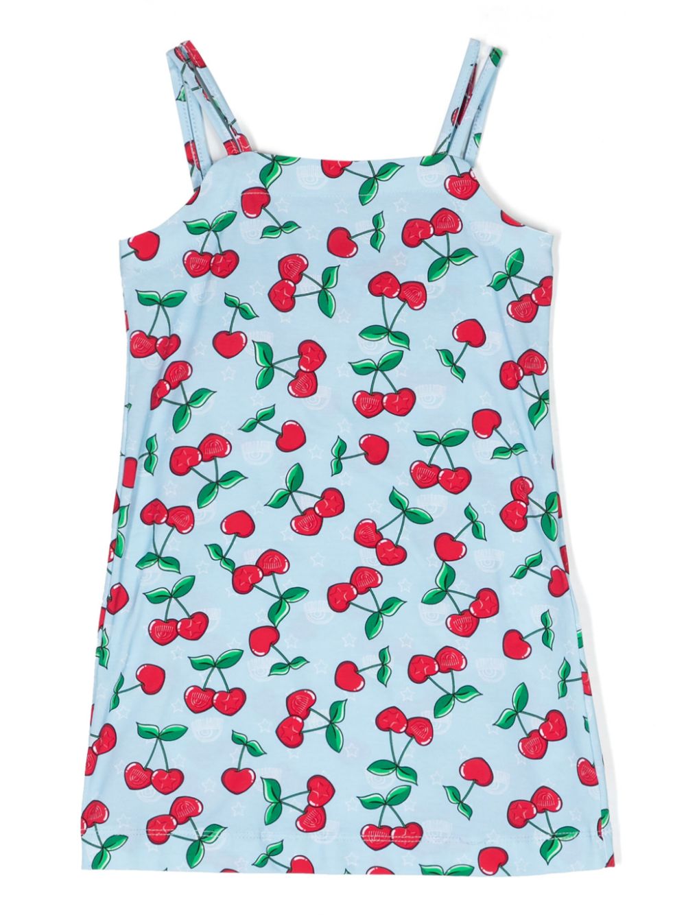 Cherry-print cotton A-line dress - Blue