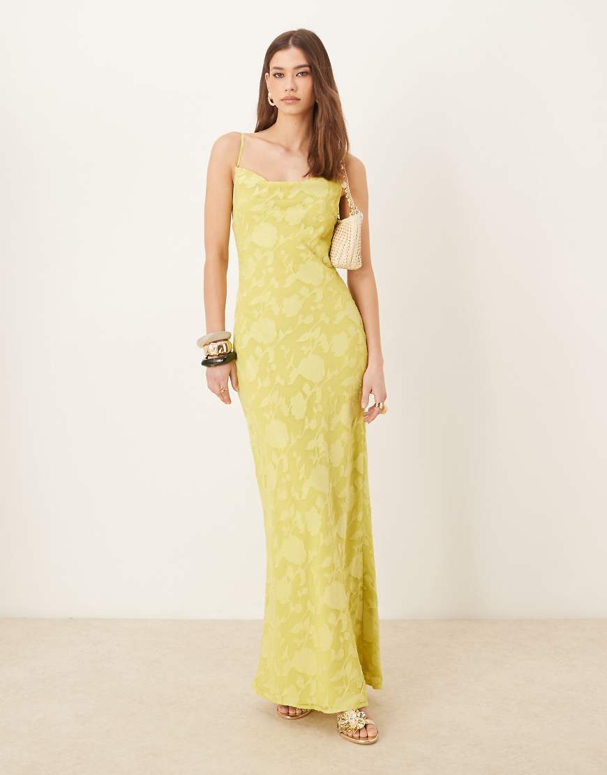 Pretty Lavish cowl neck jacquard slip maxi dress in chartreuse-Green