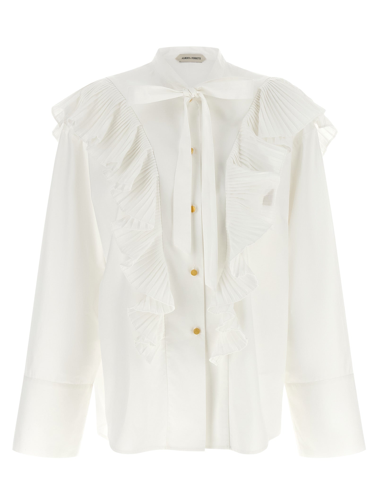 Pleated Ruffle Cotton Blouse — White