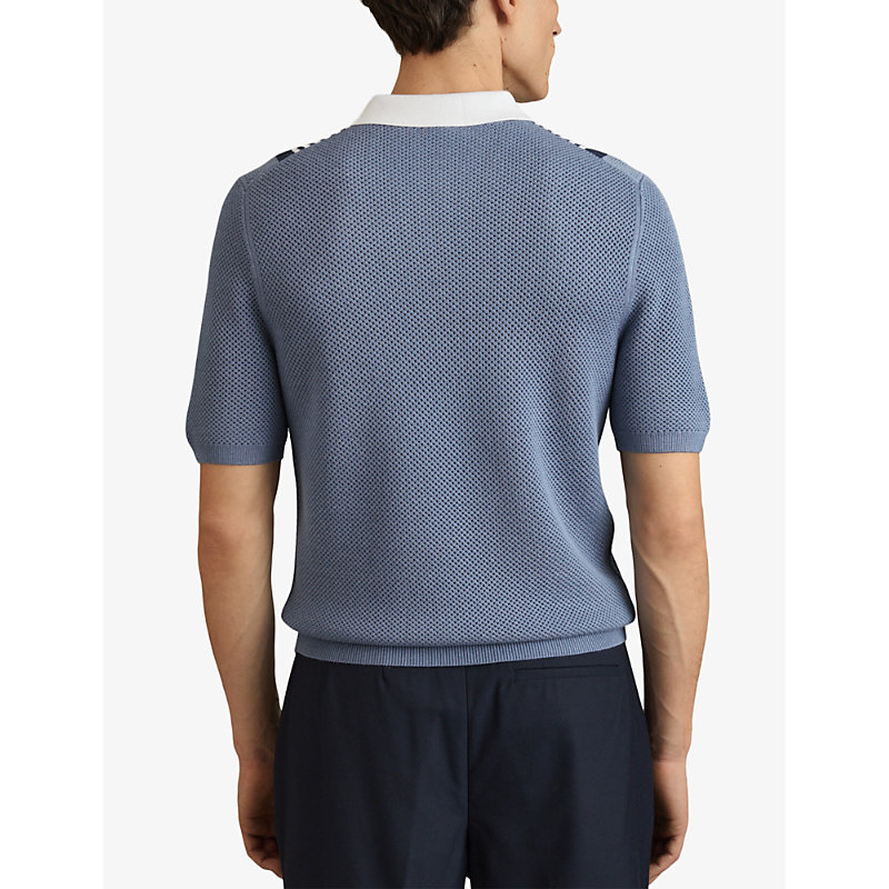 Mens Blue/white Berlin Half-zip Striped Knitted Polo Shirt