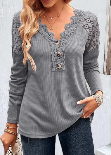 Modlily Dusty Blue Lace Long Sleeve T Shirt