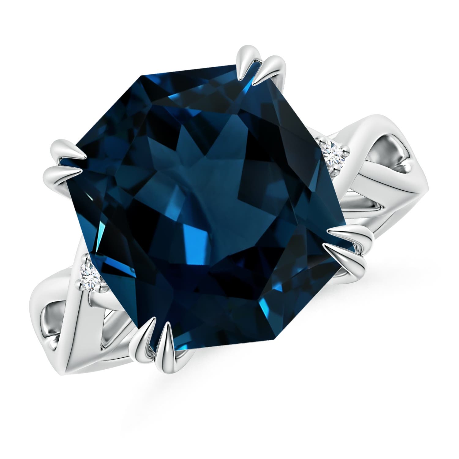 Angara 9.18 Carats GIA Certified Cushion Rectangular London Blue Topaz Crossover Ring with Diamond Accents in Platinum