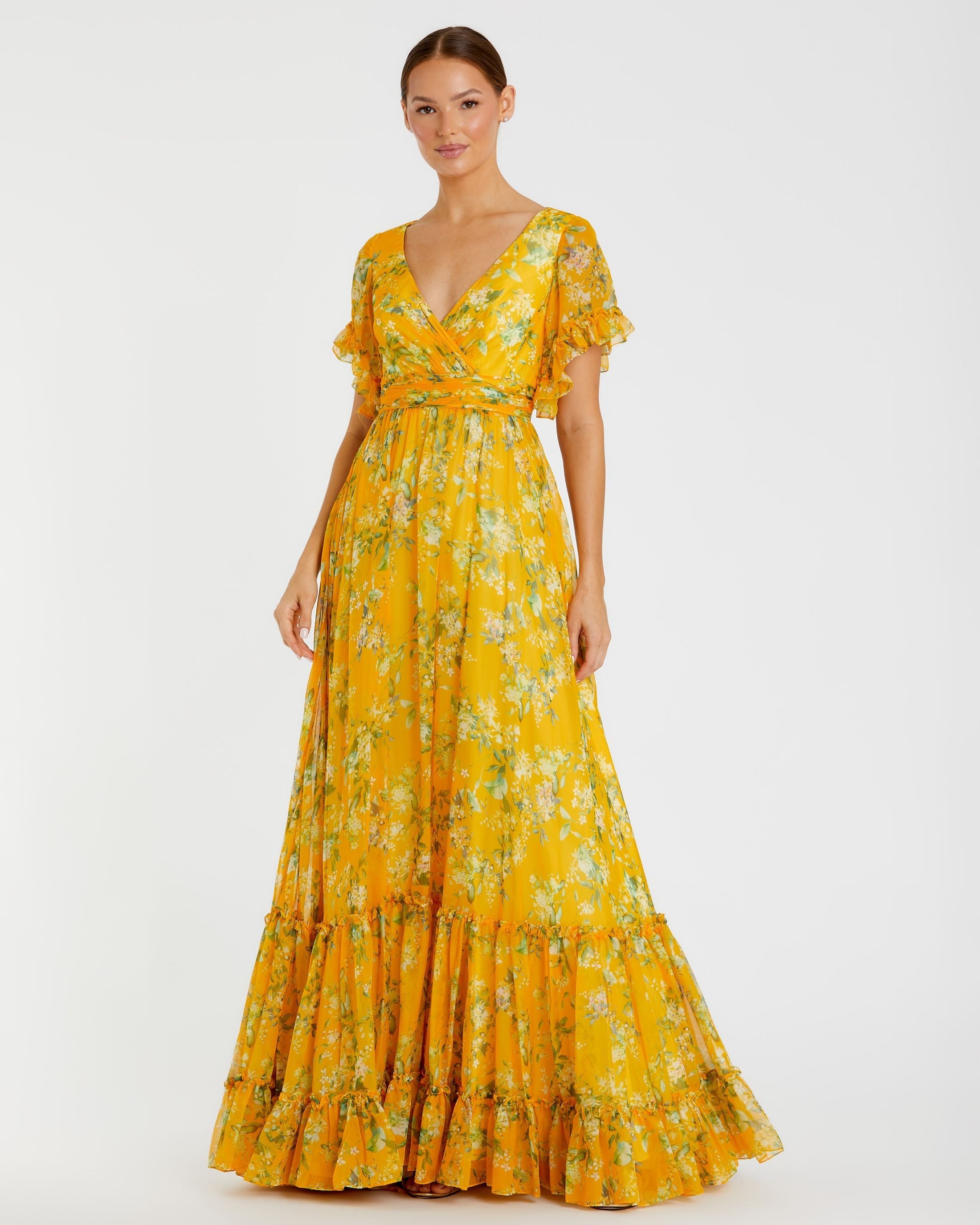 Yellow Multicolor Flounce Sleeve Floral Maxi Wedding Guest Dress In