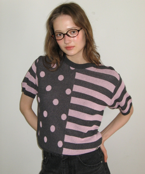 DOT STRIPE MIX HALF KNIT CHARCOAL PINK