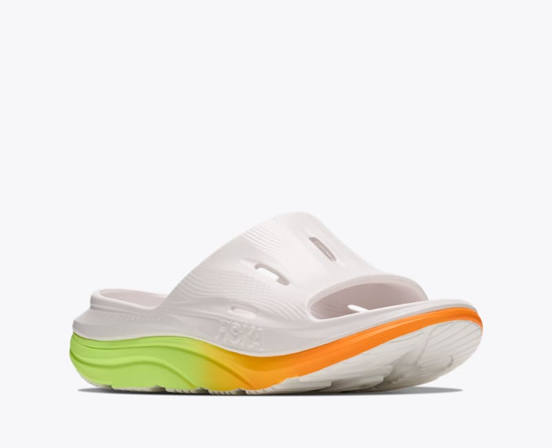 HOKA ORA Recovery Slide 3 Shoes in White/Neon Yuzu