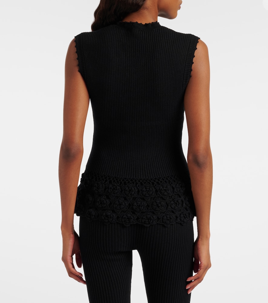 Crochet-trimmed ribbed cotton-blend top
