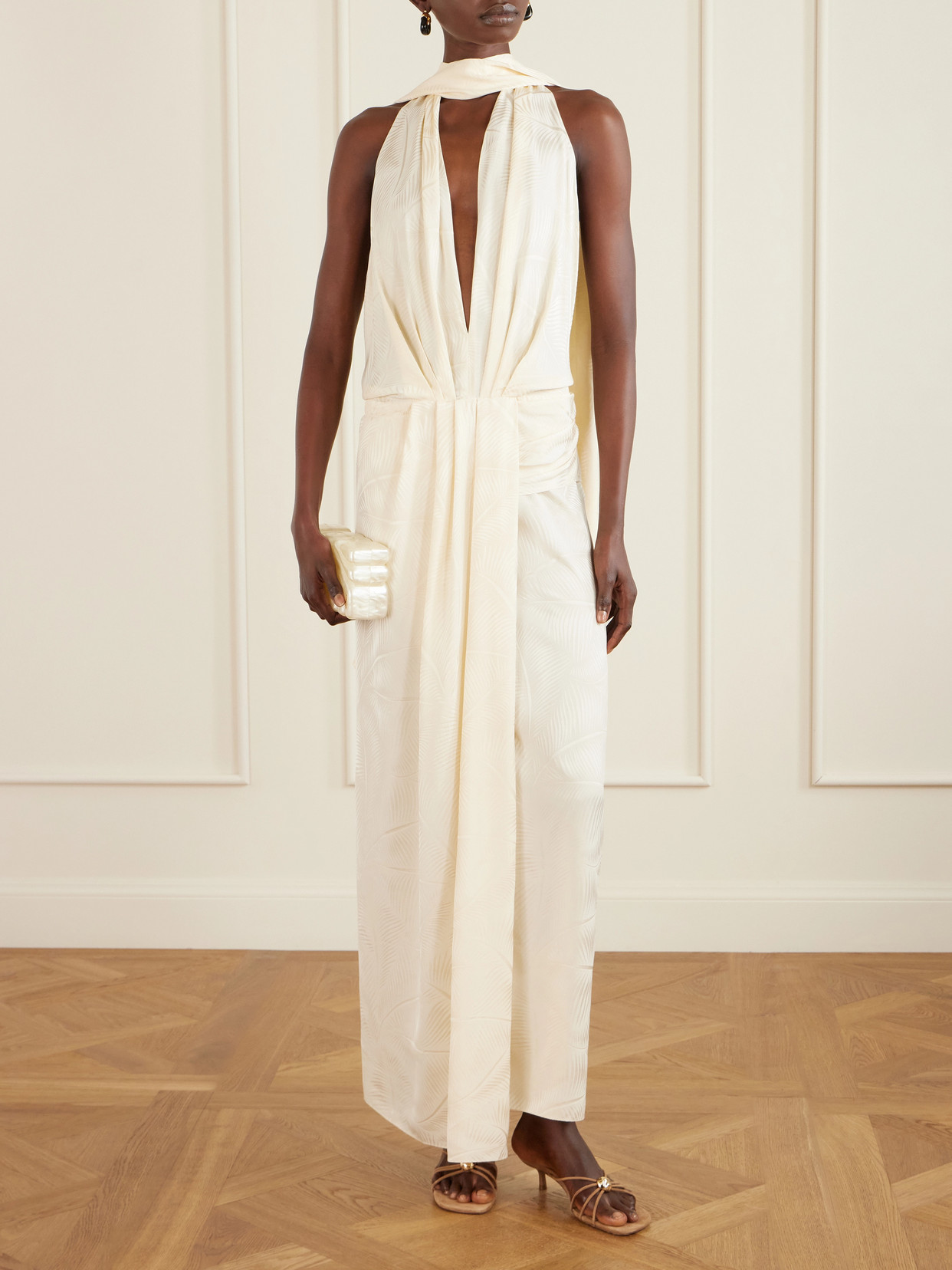 Wildly Beautiful Tasseled Satin-jacquard Halterneck Maxi Dress - Ecru