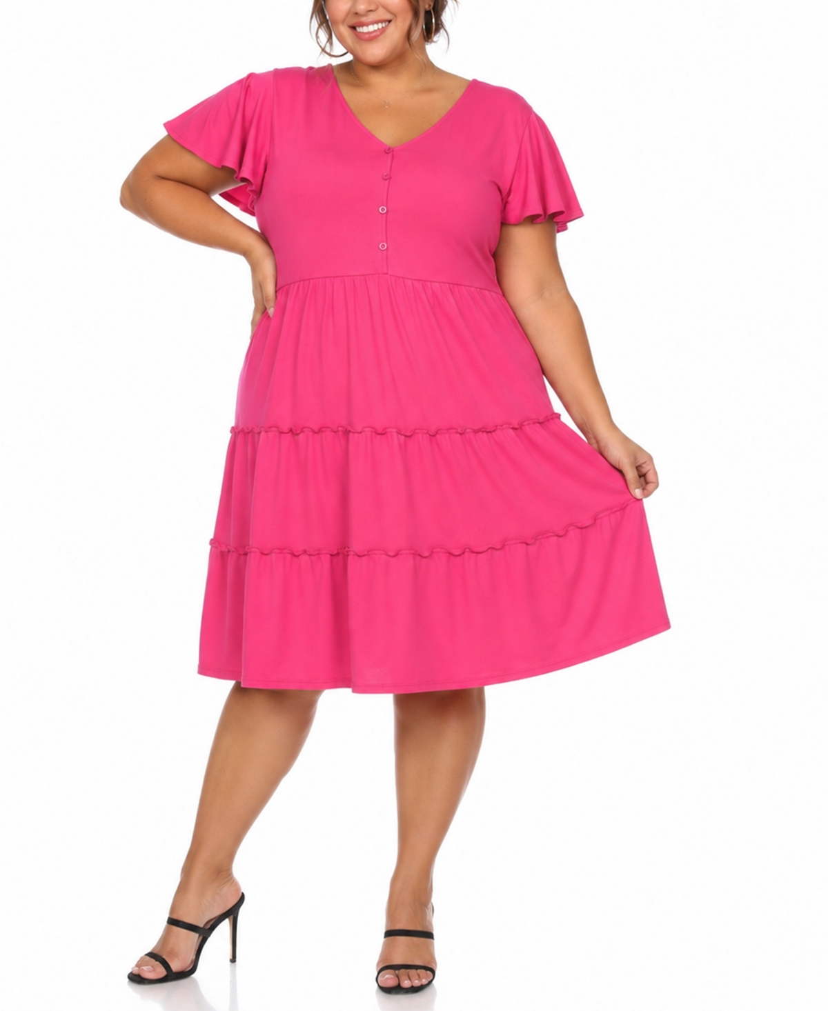 Plus Size Ruffle-Sleeve Tiered Dress - Fuchsia