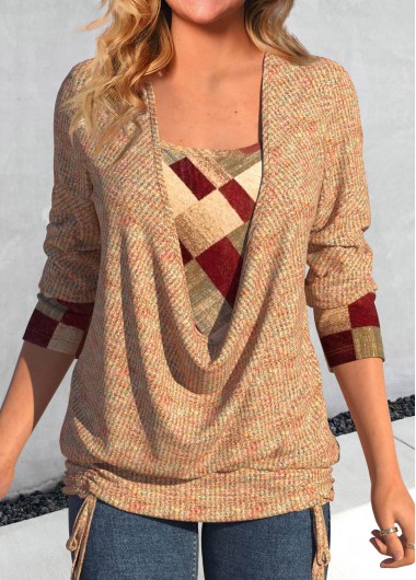 Modlily Multi Color Patchwork Geometric Print Long Sleeve Sweatshirt