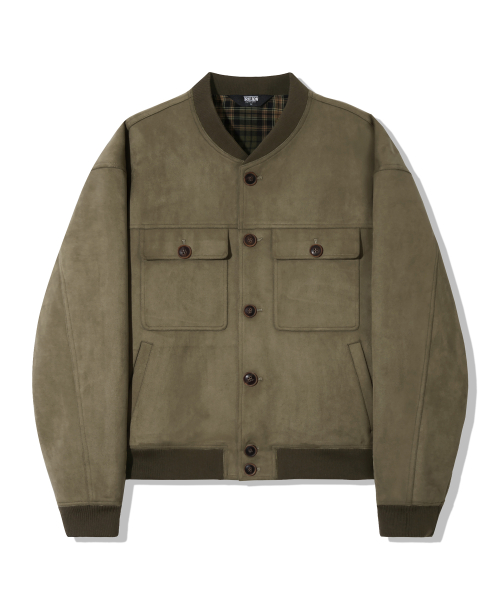 Two Pocket Button Suede Bomber Jacket_Khaki