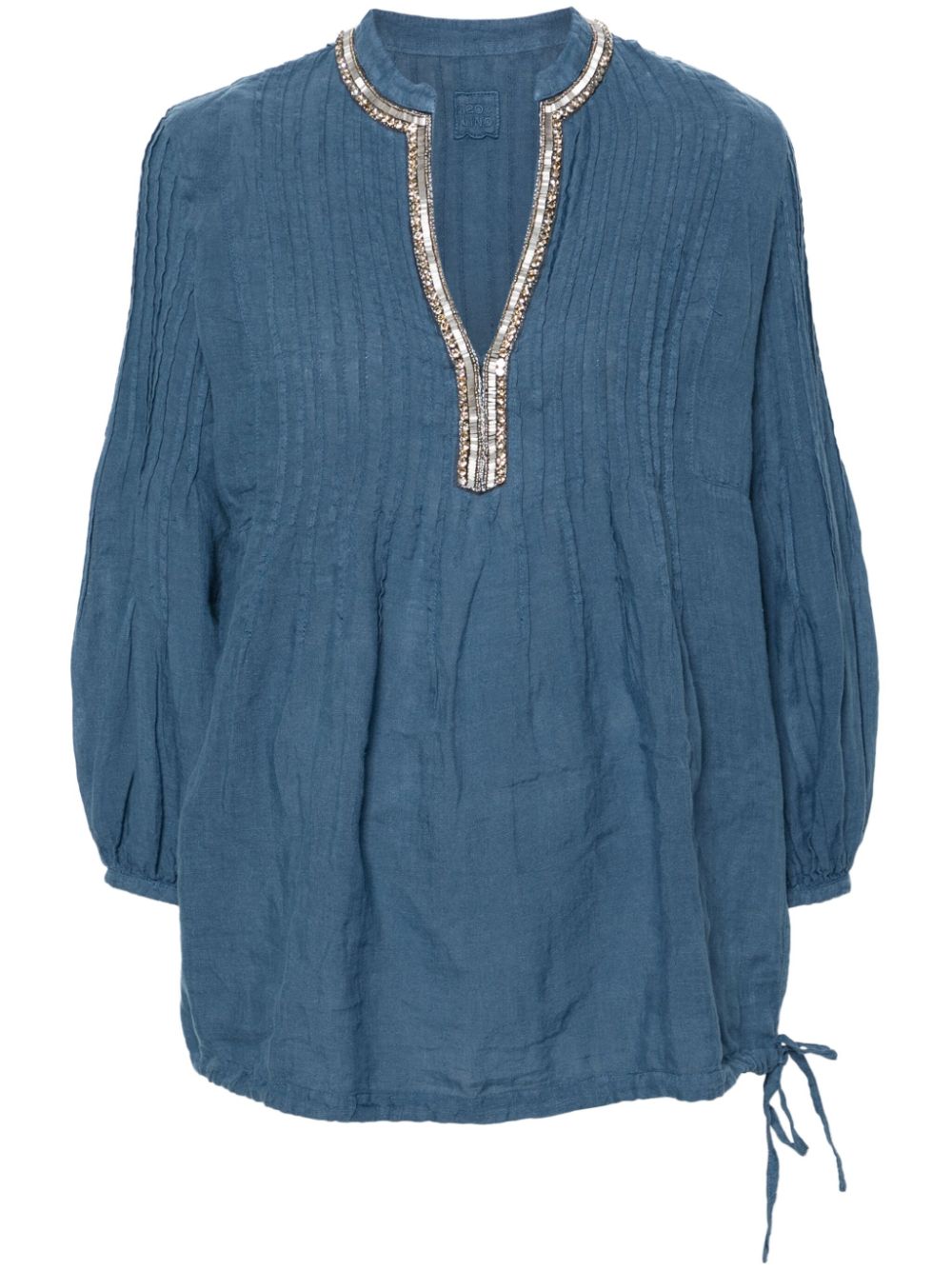 Split-neck linen blouse - Blue