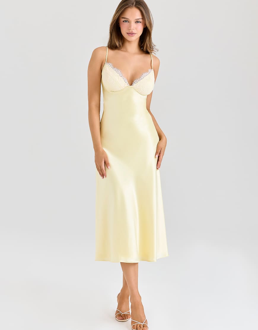 Felicity butter yellow satin bias cut midi dress in butter yellow
