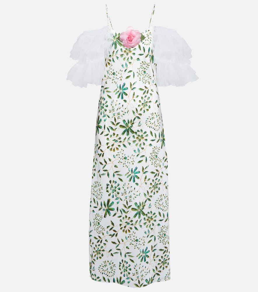 Floral-appliqué silk midi dress