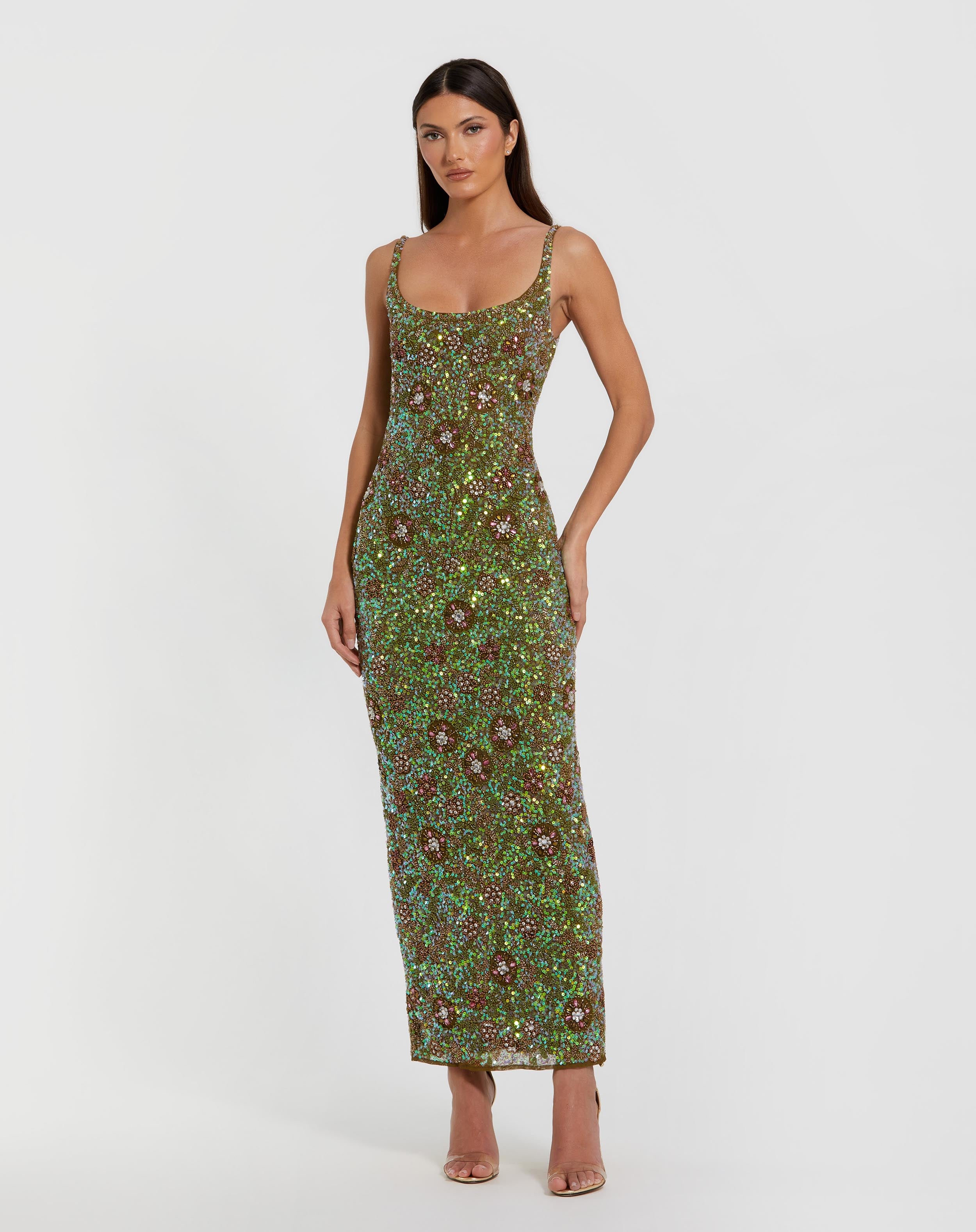 Green Sleeveless Hand Embellished Floral Maxi Wedding Guest Dress In Olive