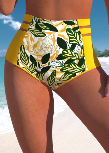 Modlily High Waisted Leaf Print Yellow Bikini Botto