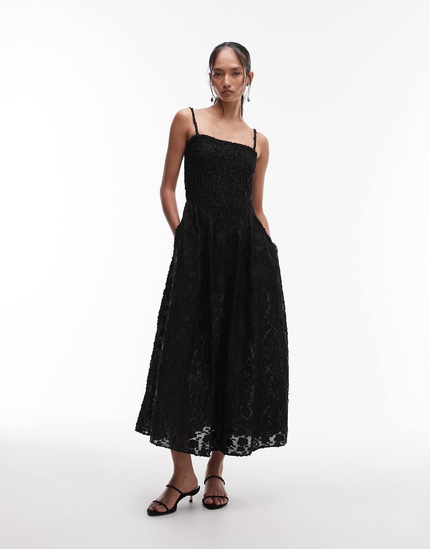 & 3D floral midi dress with v drop waist in black