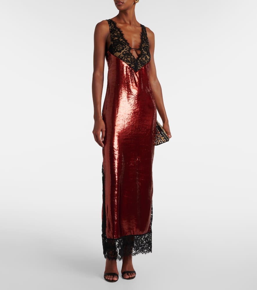 Lace-trimmed sequined gown
