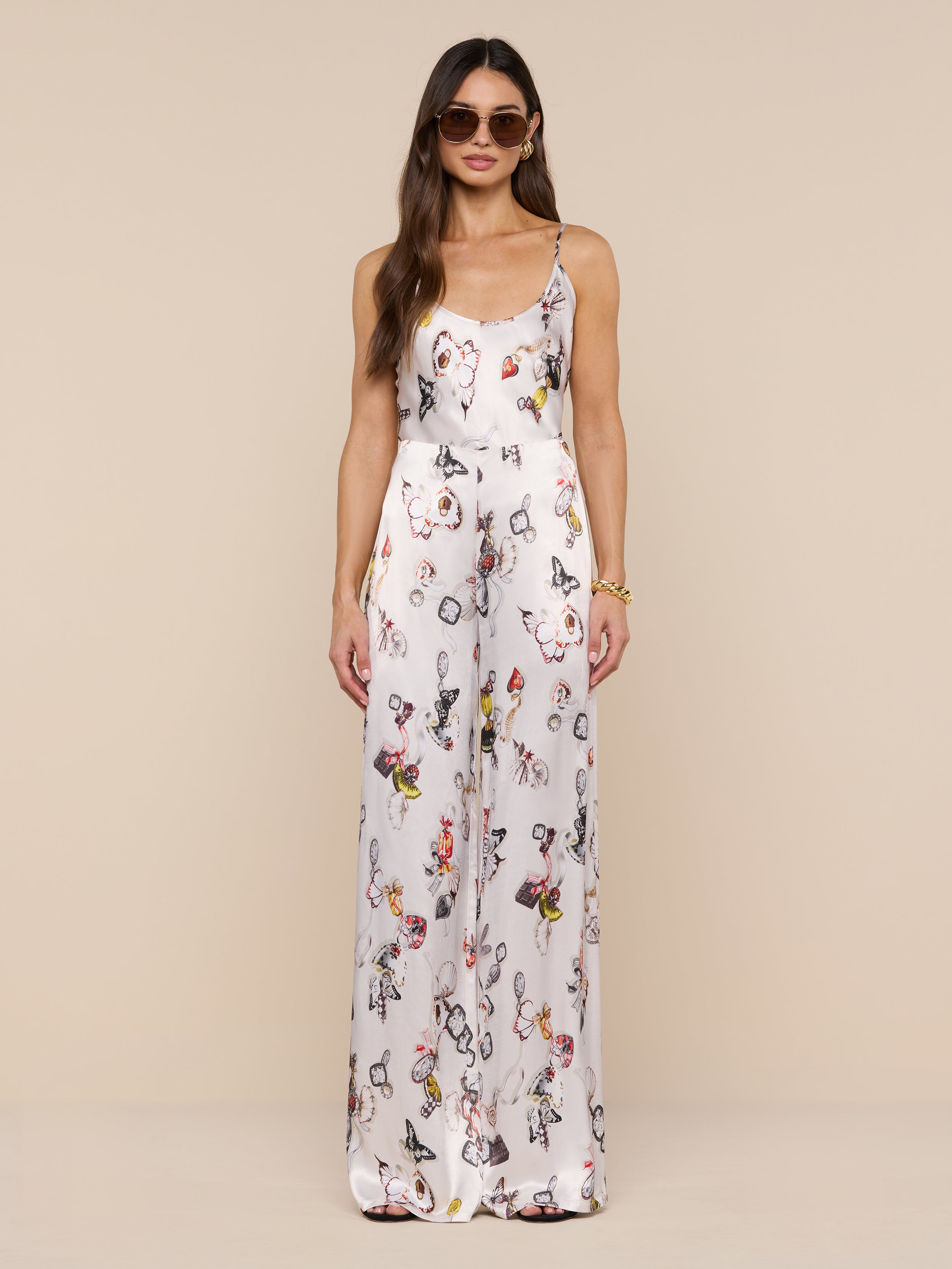 Kimia Satin Pants In Ecru Multi Lock Butterfly