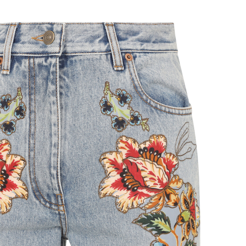 Denim 5 Pockets Embroidered Flowers Jeans