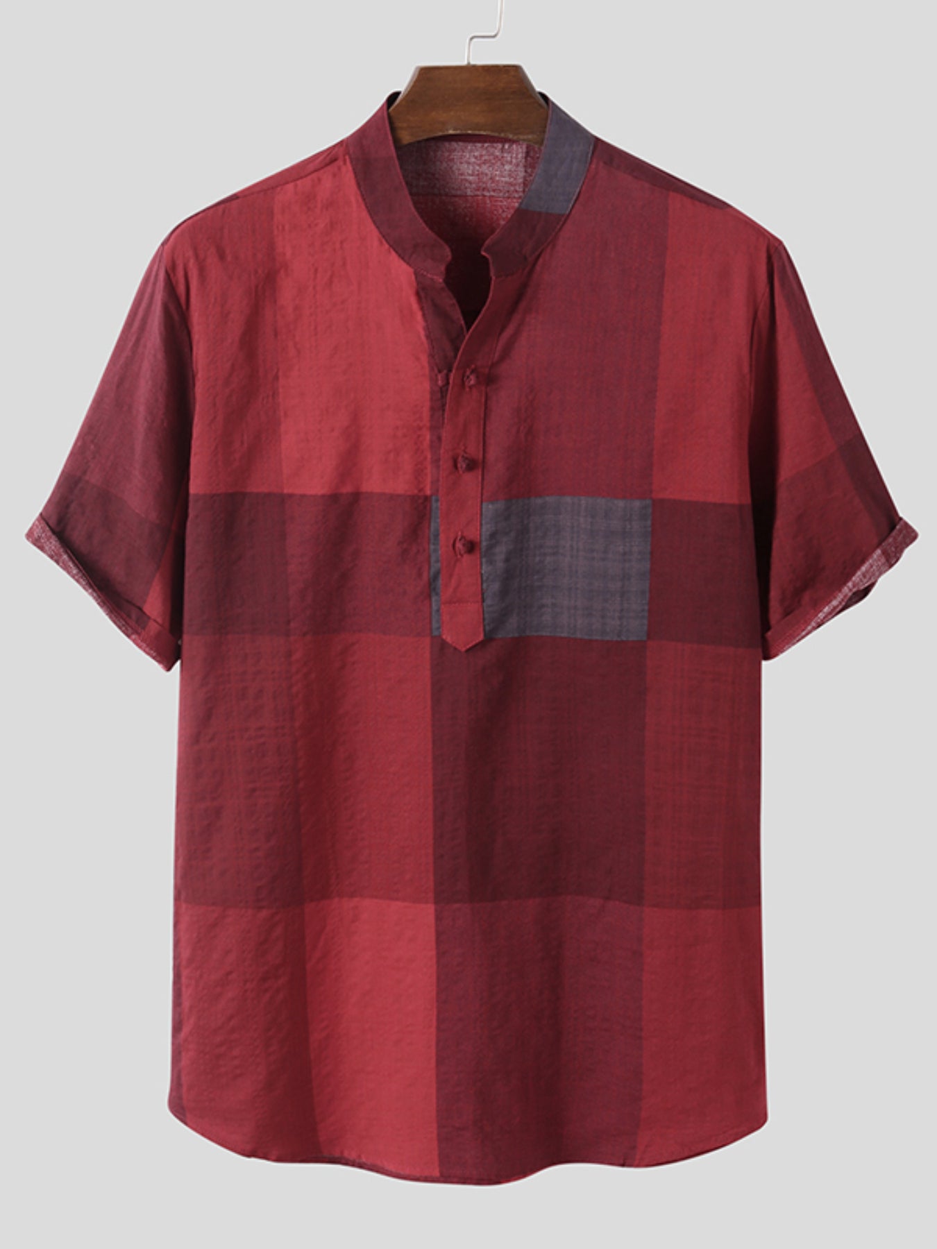 Mens Stand Collar Plaid Short-sleeved Shirts SKUI90934 - Red / S