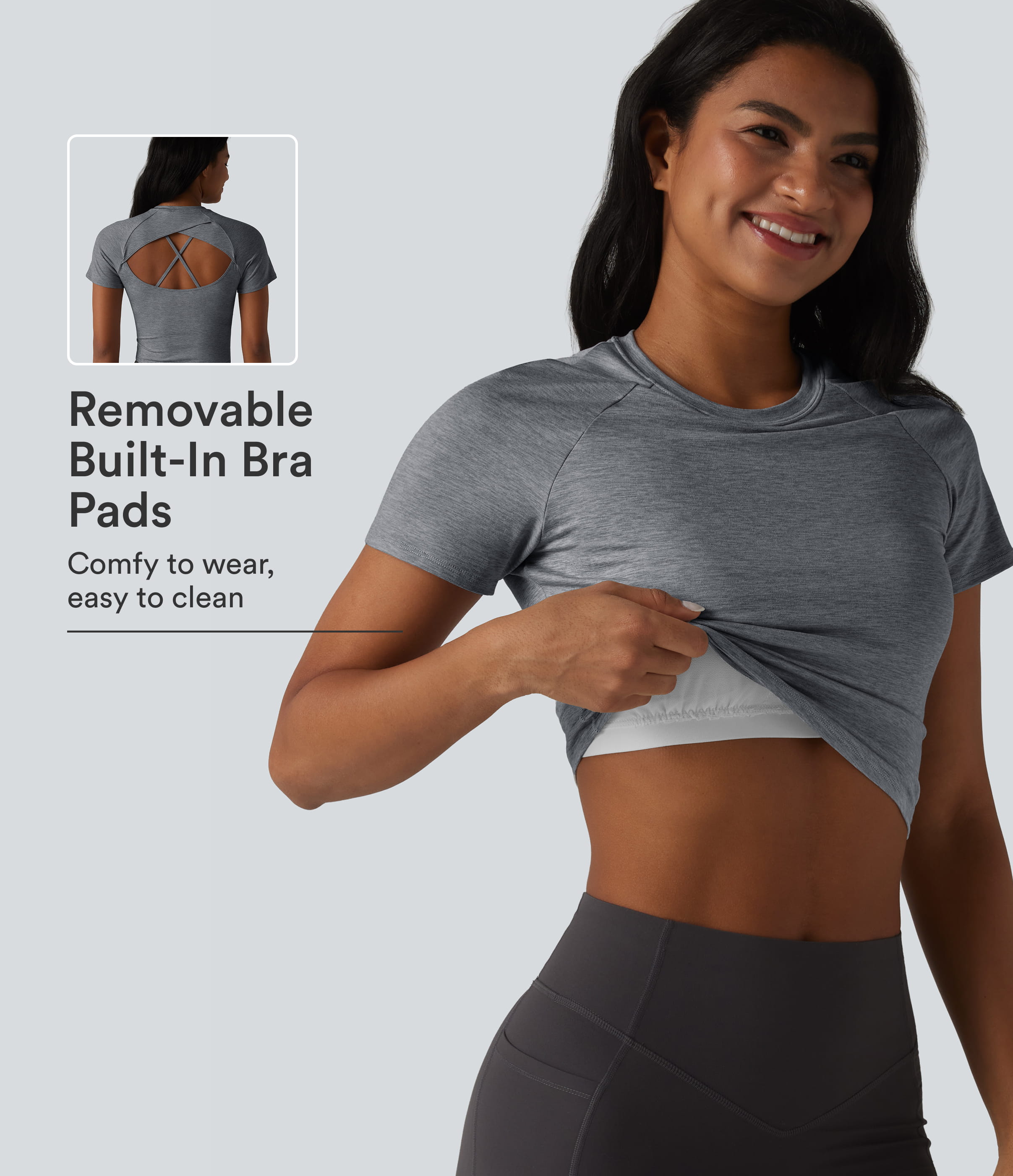 Round Neck Short Sleeve Built-in Bra Yoga Sports Top - Ironshade Drift
