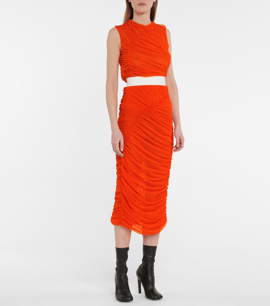 Ruched mesh midi skirt