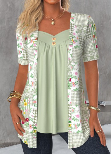Modlily Sage Green Floral Print Fake Two Piece Twinset