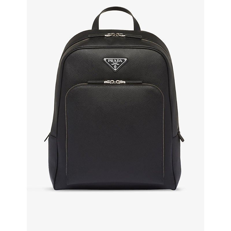 Mens Black Logo-plaque Saffiano-leather Backpack 