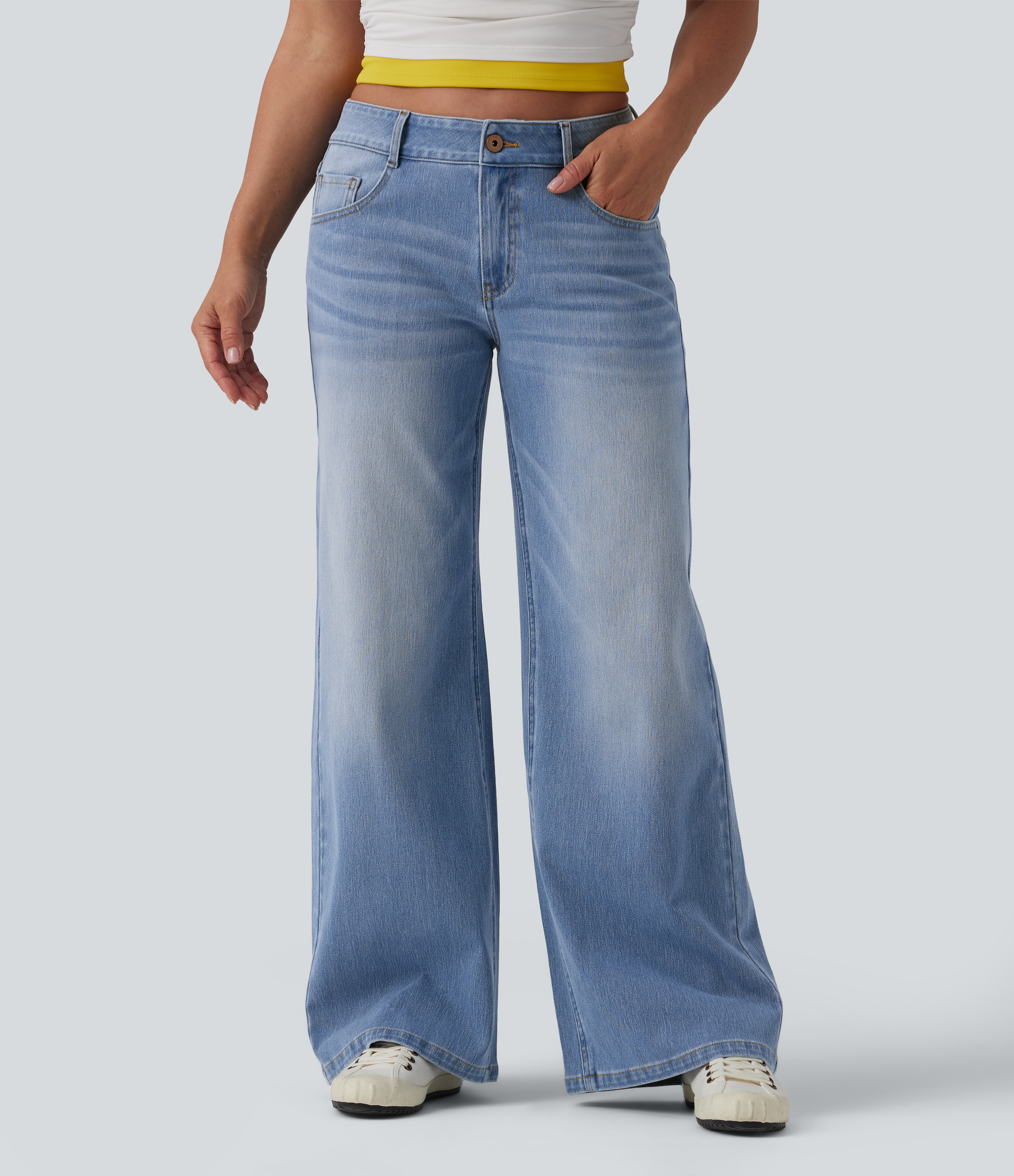 Flex™ Low Rise Zipper Pockets Washed Baggy Wide Leg Casual Jeans  - Malibu Blue Denim