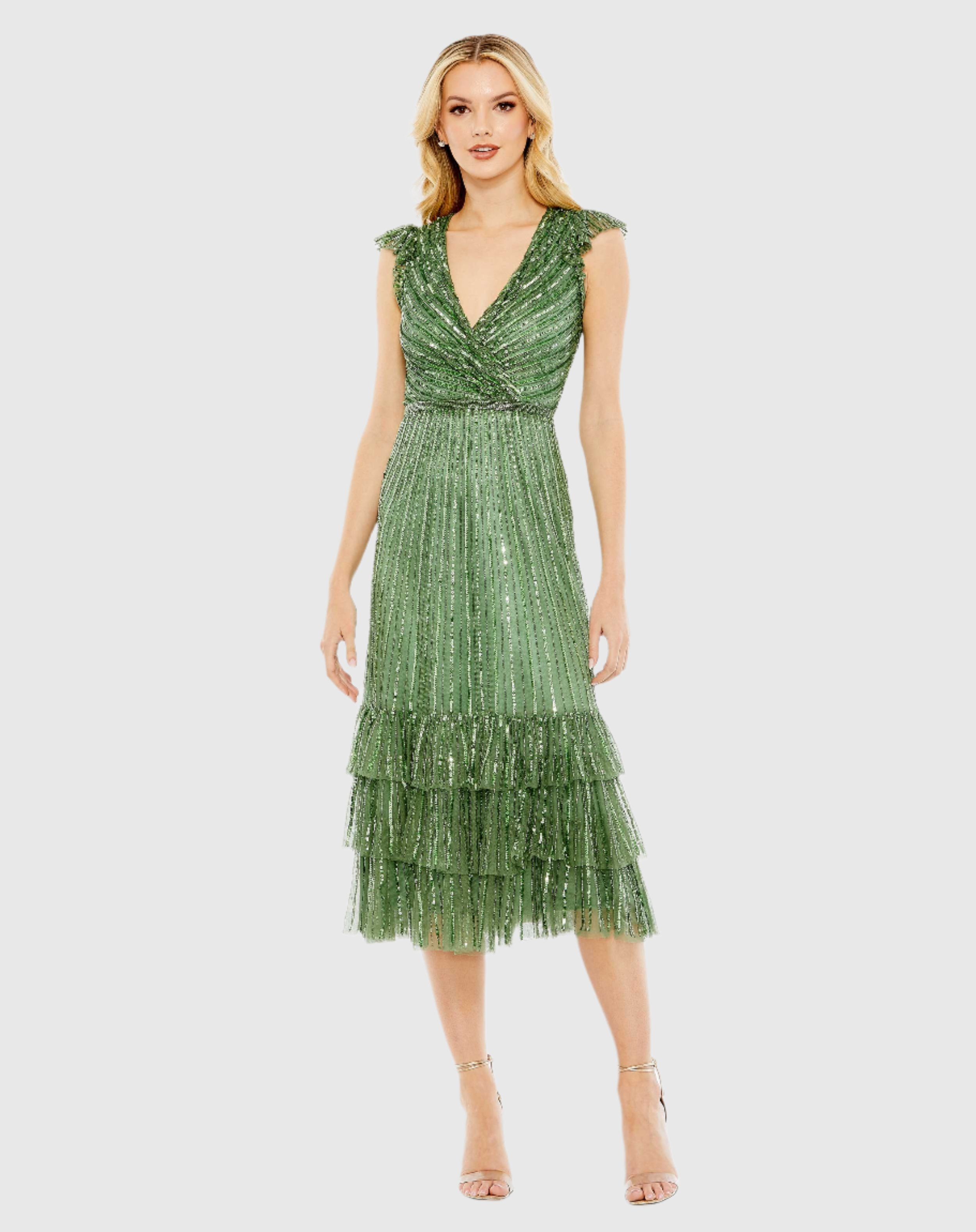 Sequined Wrap Over Cap Sleeve Ruffle Hem Wedding Guest Dress In Sage Green