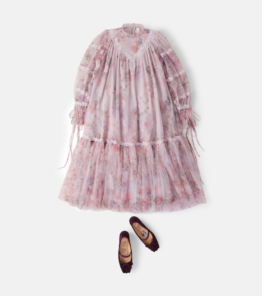 Lace-trimmed floral tulle dress