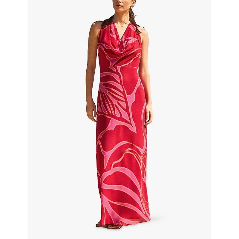 Womens Floral-Print Halterneck Woven Maxi Dress